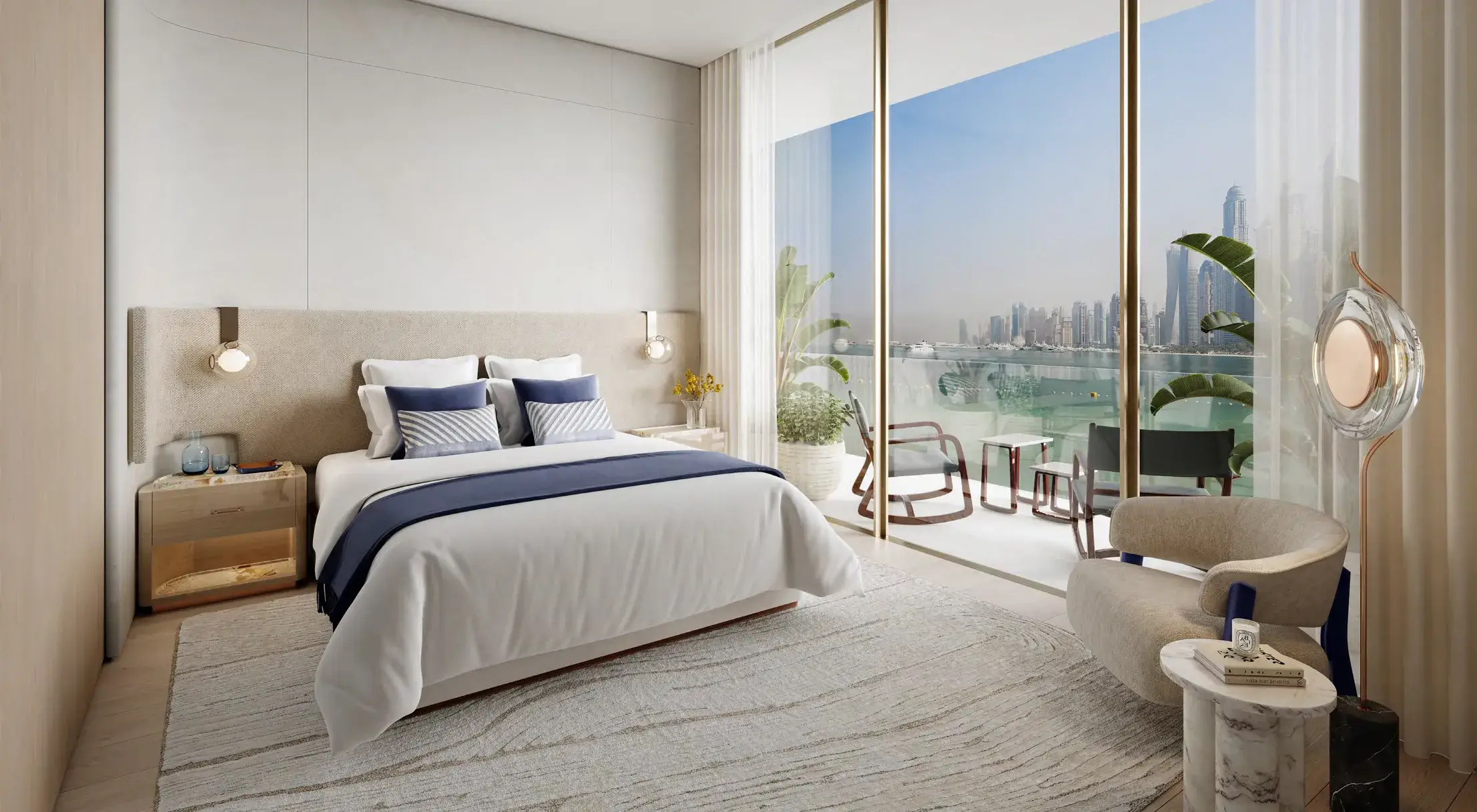 Dubai Harbour Residences primary bedroom with skyline views