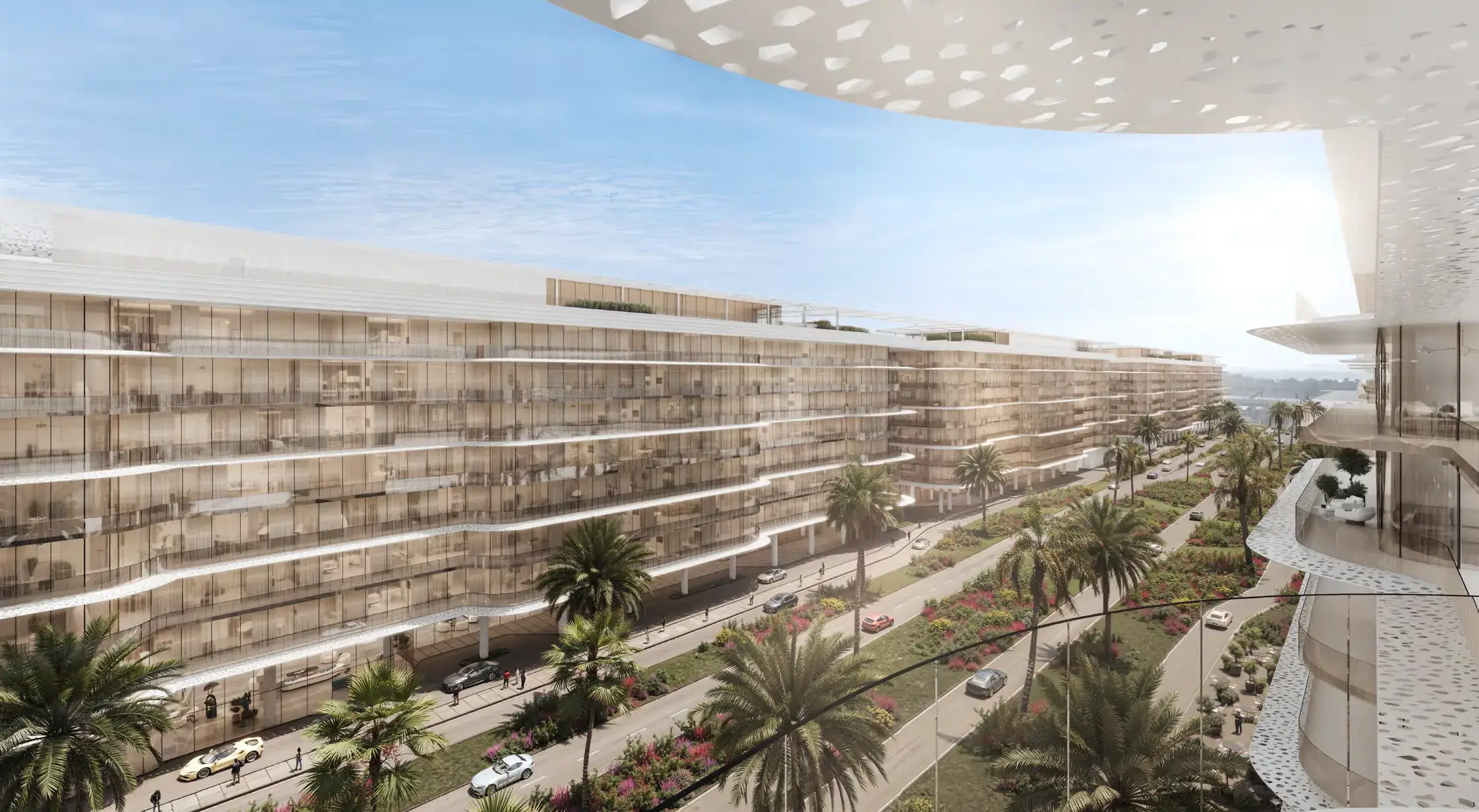 Dubai Harbour Residences façade along the central boulevard