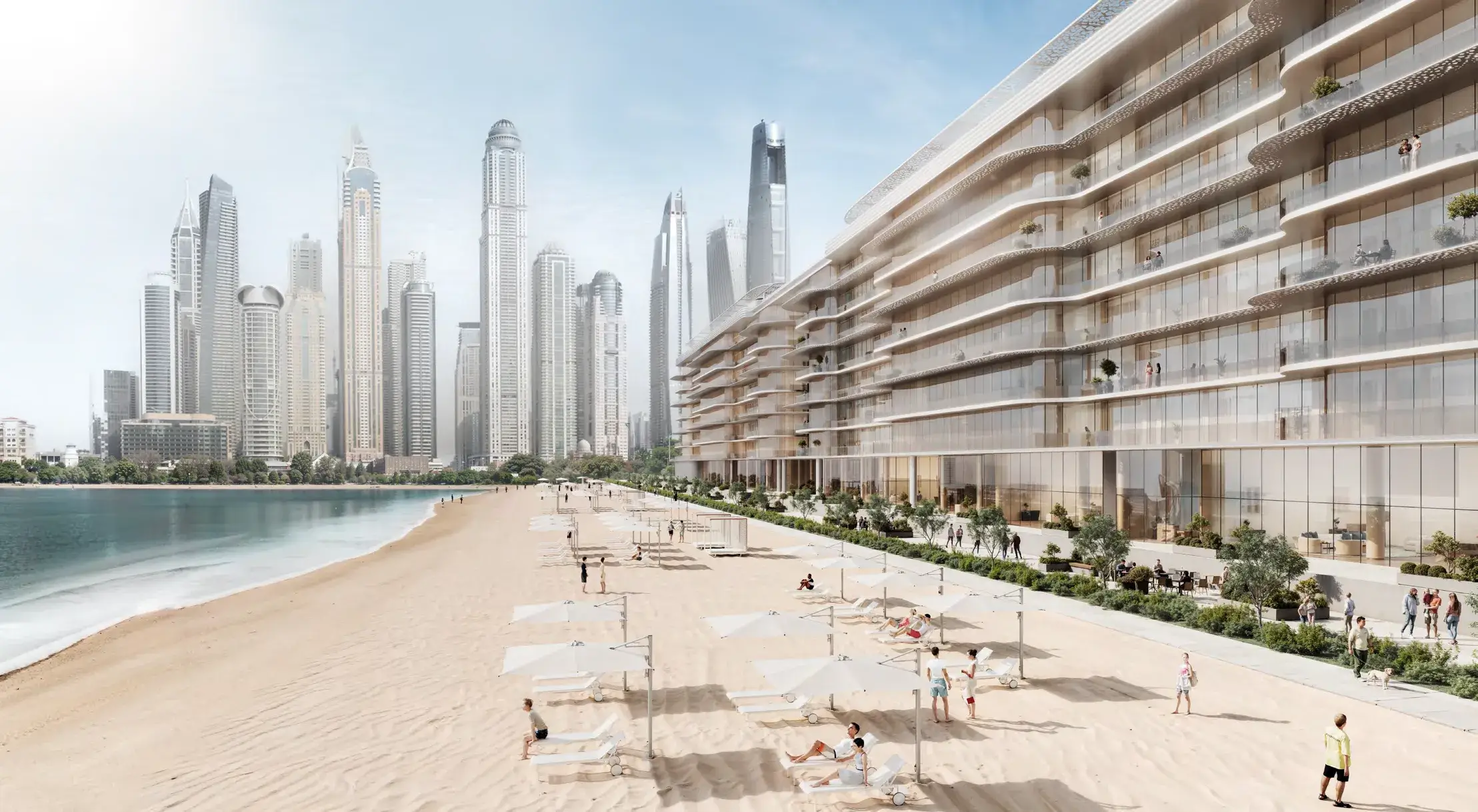Beachfront of Dubai Harbour Residences with private sandy beach