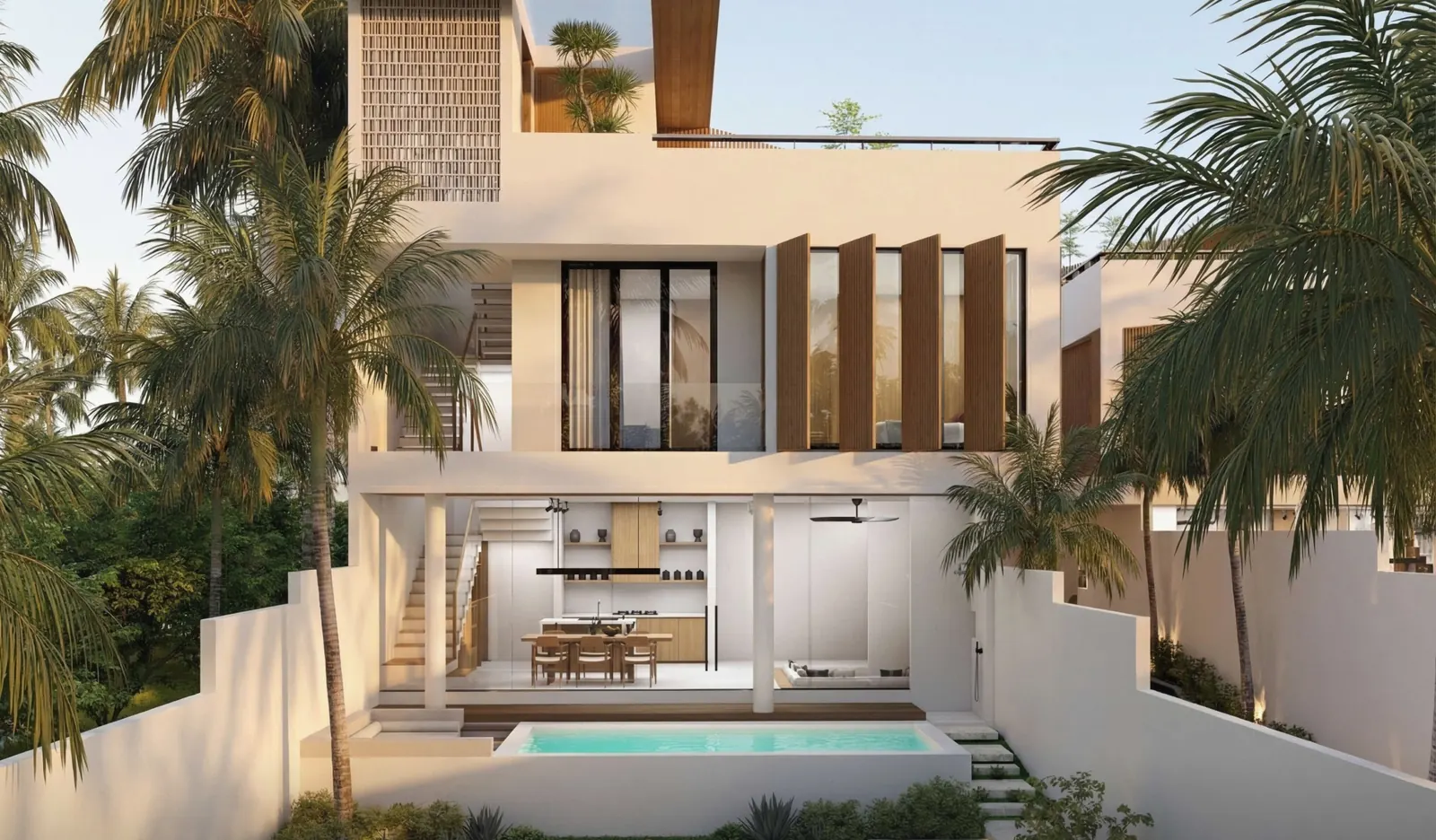 The Eight Collective, a contemporary villa with wooden screens and palm trees at dusk in Munggu, Bali