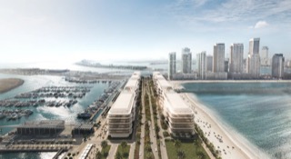 Aerial view of Dubai Harbour Residences, marina and beach