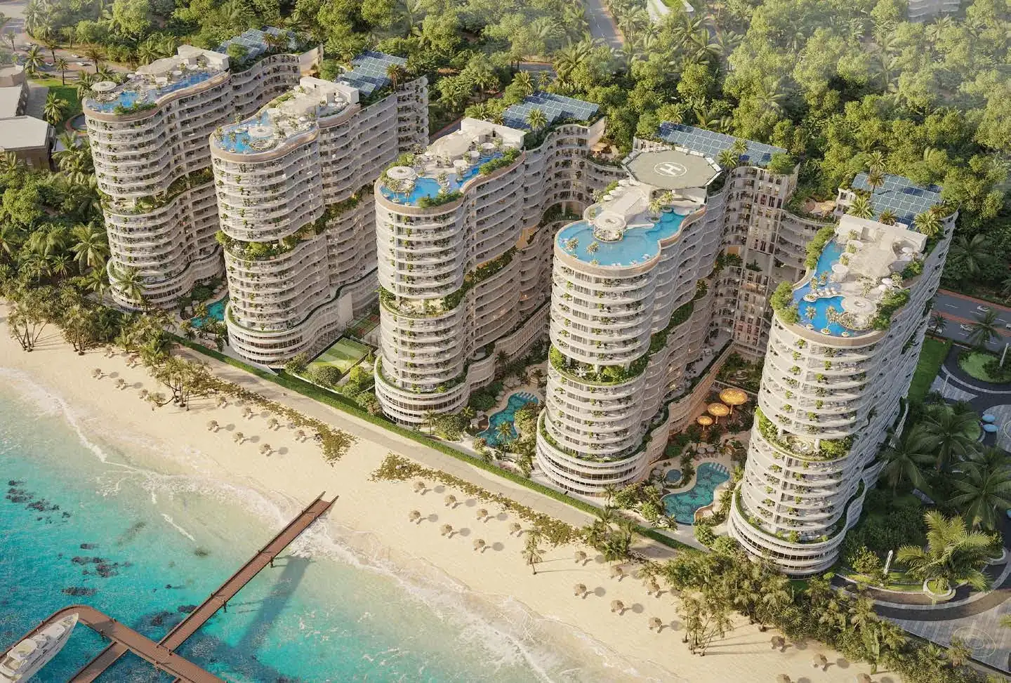 AMRA — aerial view of the five beachfront towers